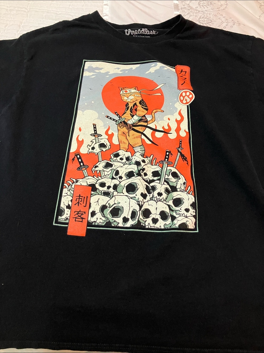 Threadless Black Tee with Red, Cream, White Graphic